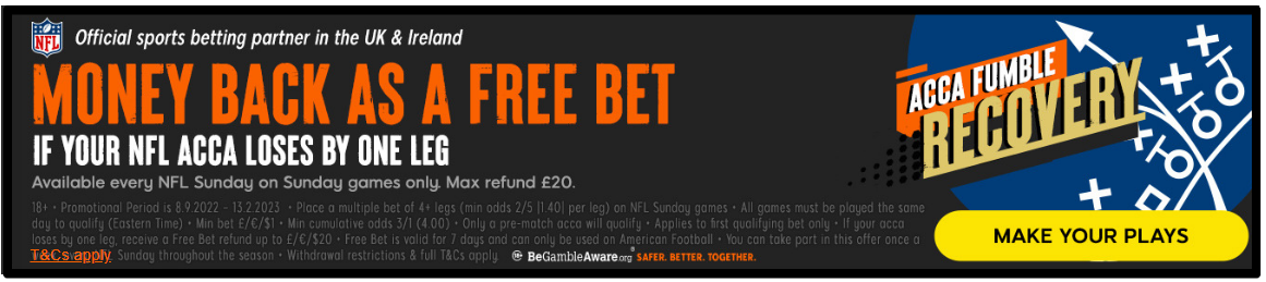 888Sport offer moneyback if one leg of your NFL Acca lets you down.