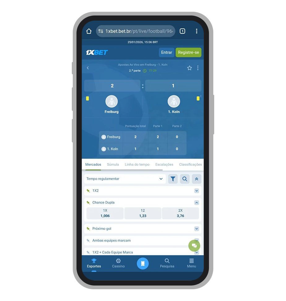Página de evento de futebol ao vivo na 1xBet com placar e mercados de apostas