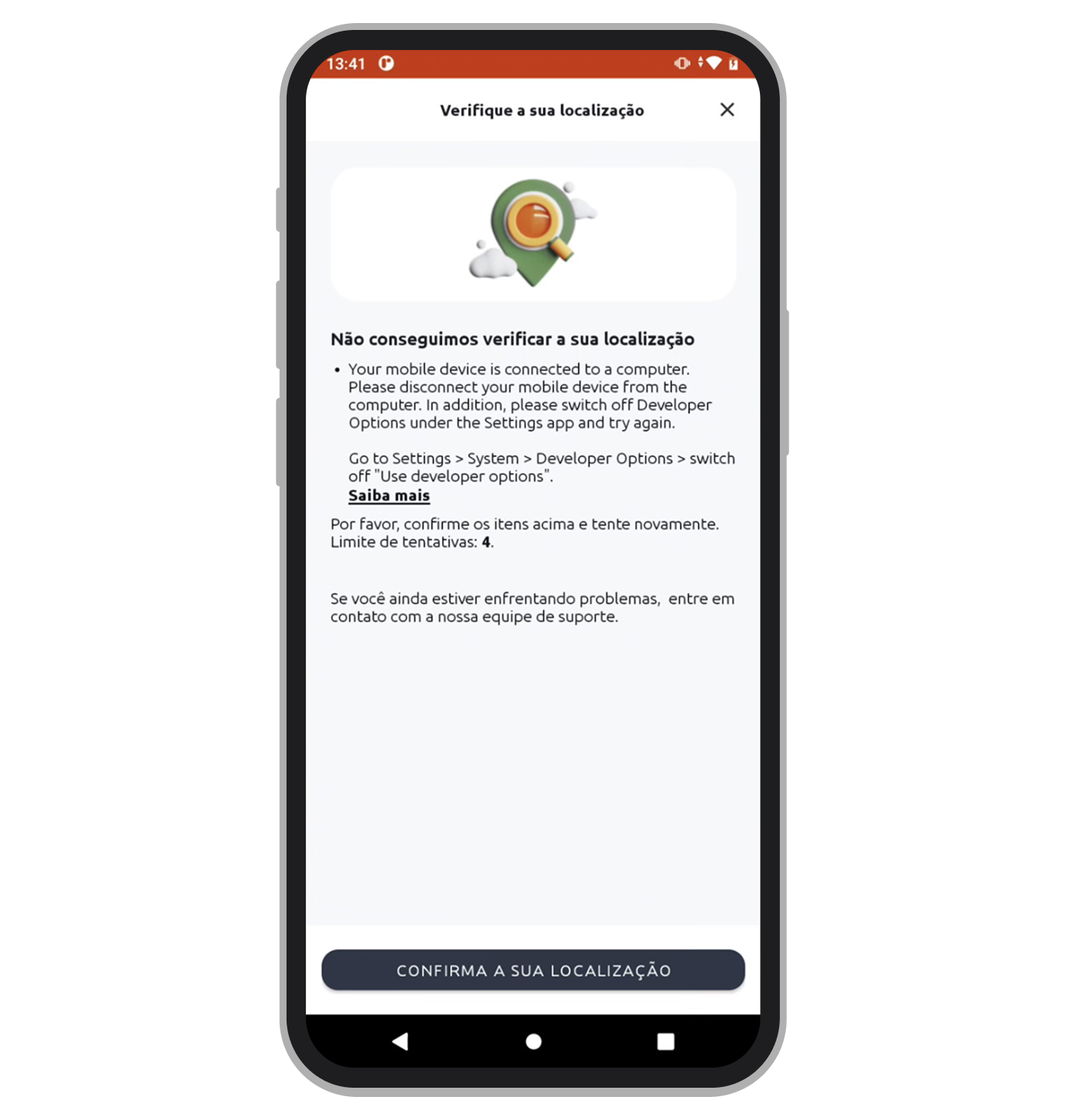A proteção é ativada se você tentar fazer login, depositar, sacar ou apostar quando seu celular está com modo de desenvolvedor ligado