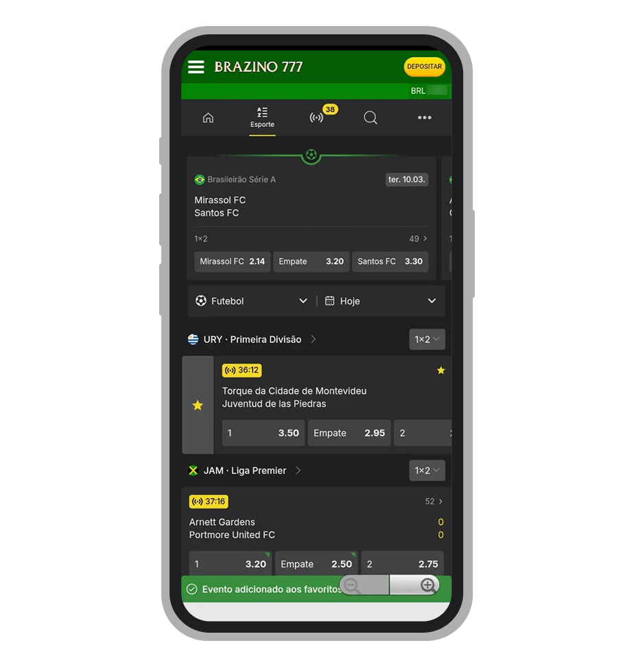 Lista de eventos favoritos no app da Brazino777