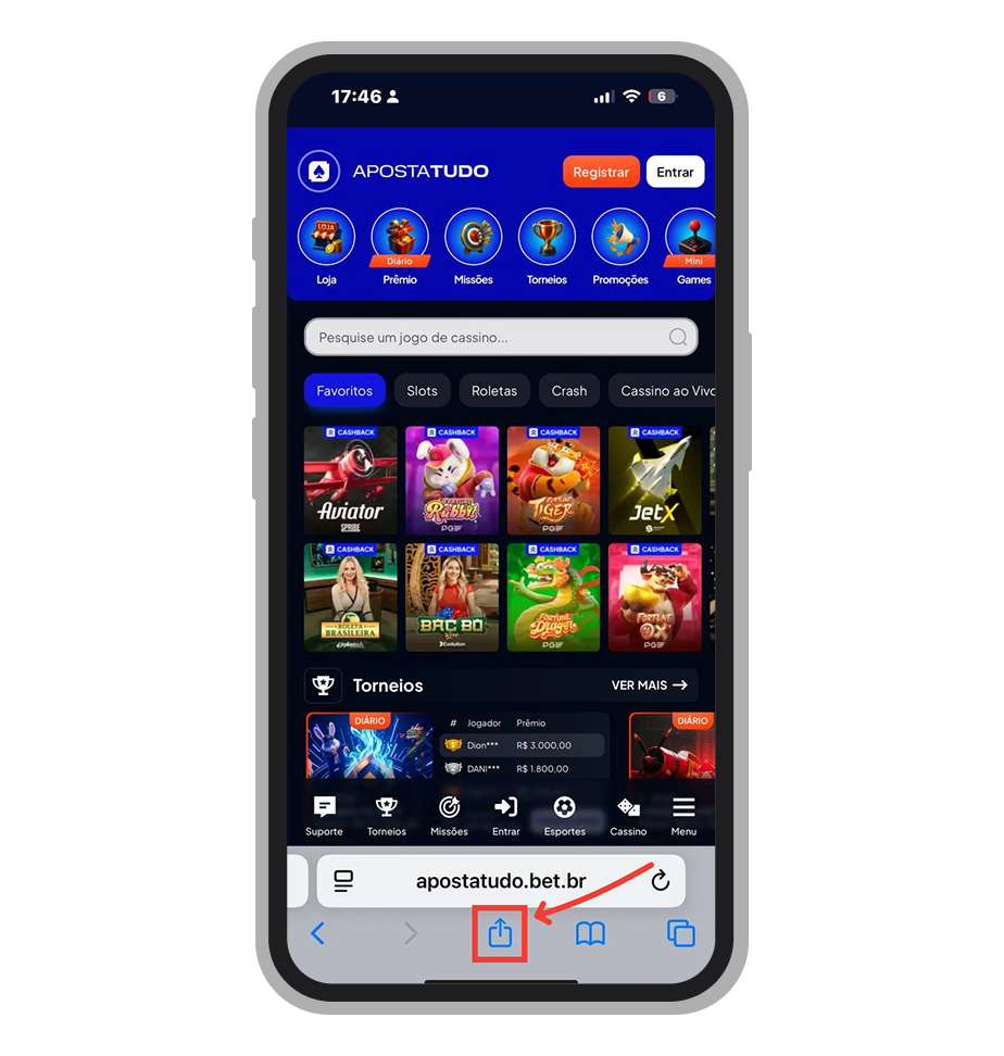 Site da Apostatudo aberto no navegador Safari no iPhone