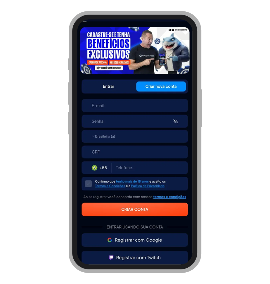 Tela de cadastro do aplicativo Apostatudo mostrando o formulário 