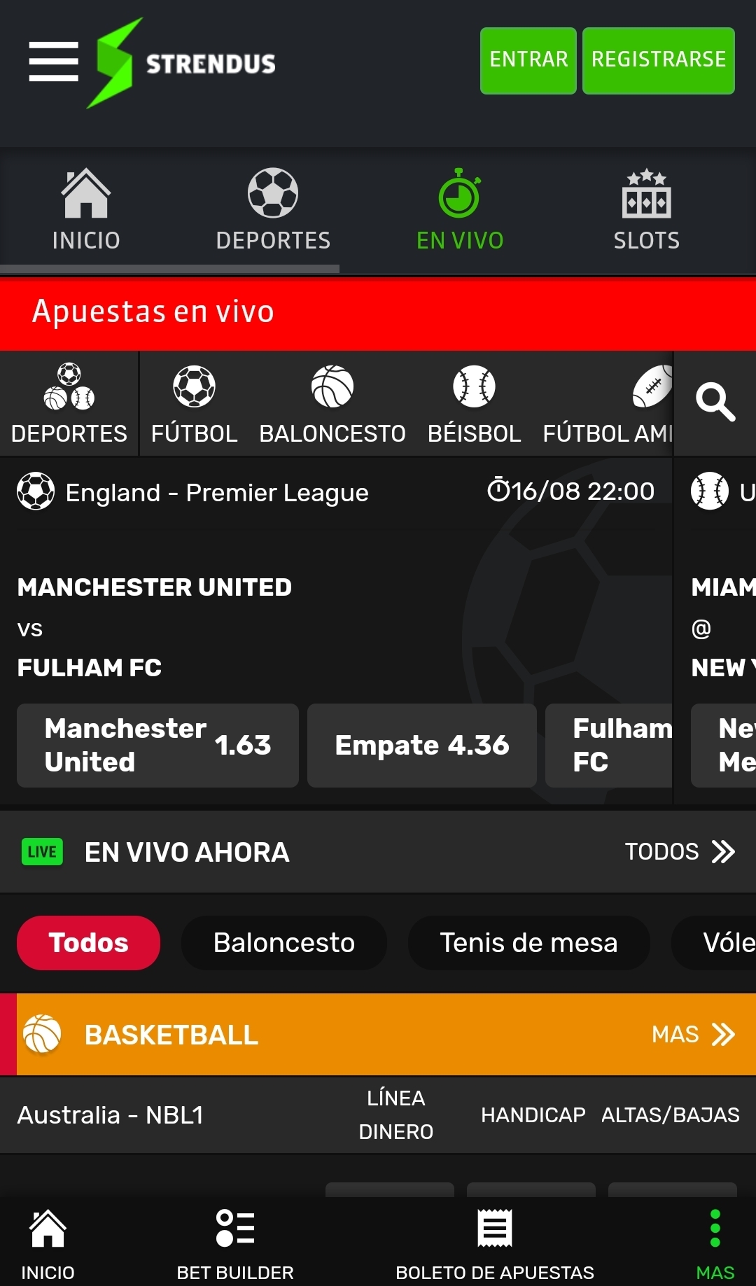 Página de apuestas en vivo, modo móvil