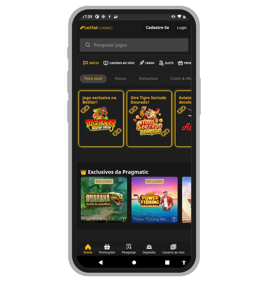 Seção de cassino no app Betfair com roletas ao vivo e categorias de jogos