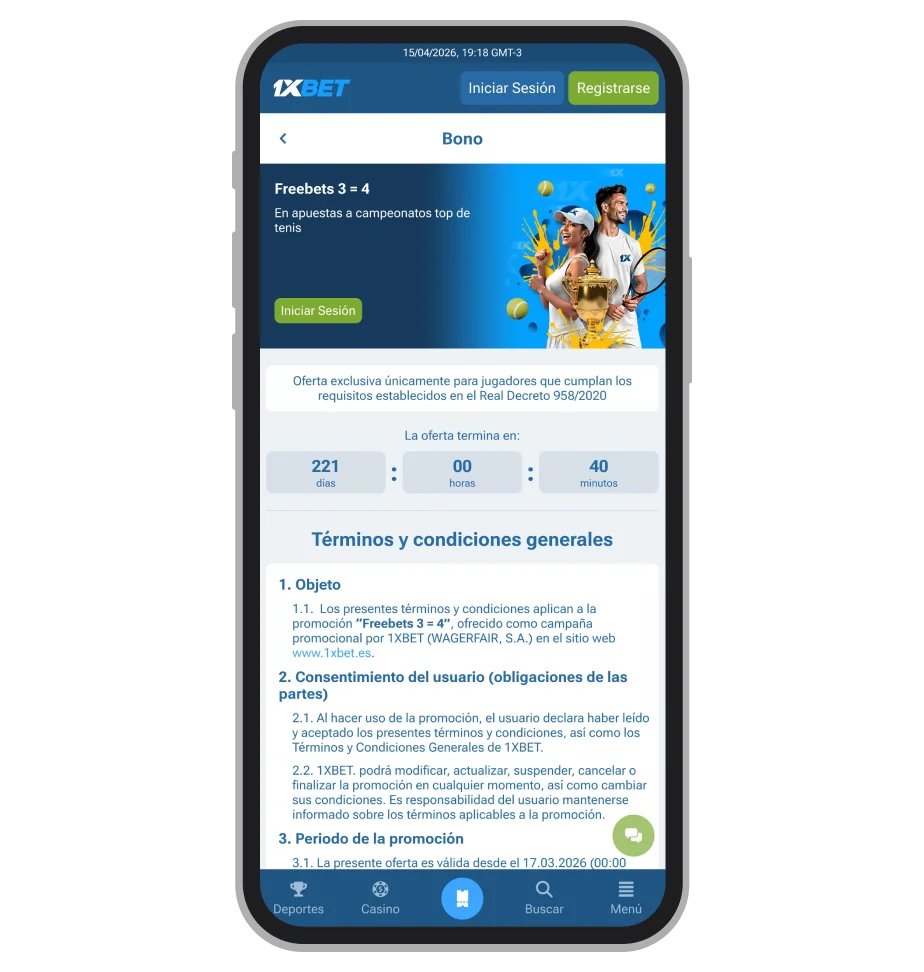 Freebet 3=4 de 1xBet por apuestas en torneos ATP y WTA 1000 de tenis