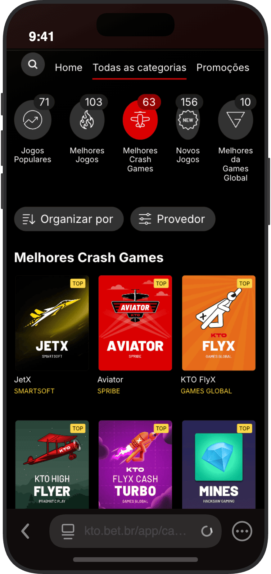 Categorias do cassino KTO com 2707 slots, 63 crash games, 213 jogos compre bônus, 32 vídeo bingo e 95 Megaways