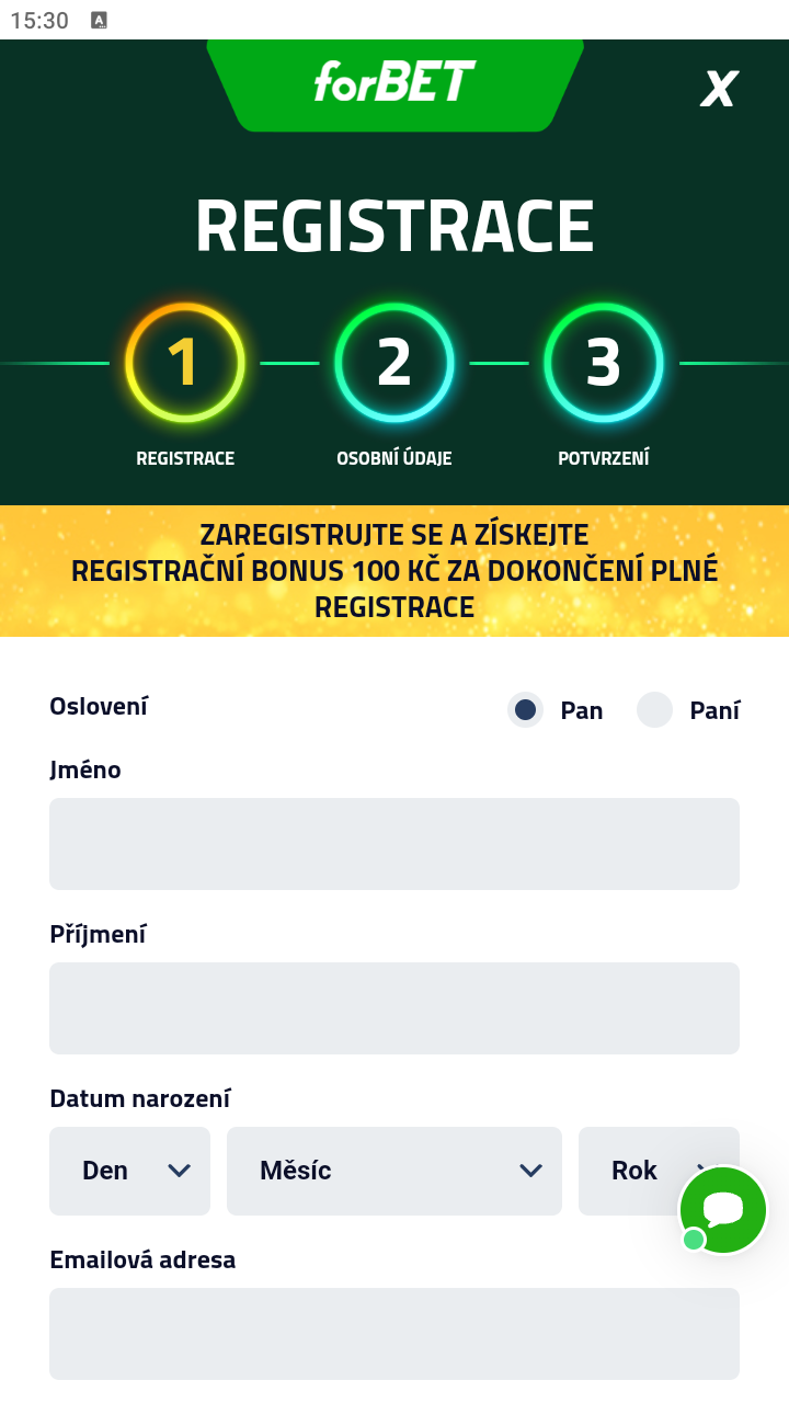 Začátek registrace