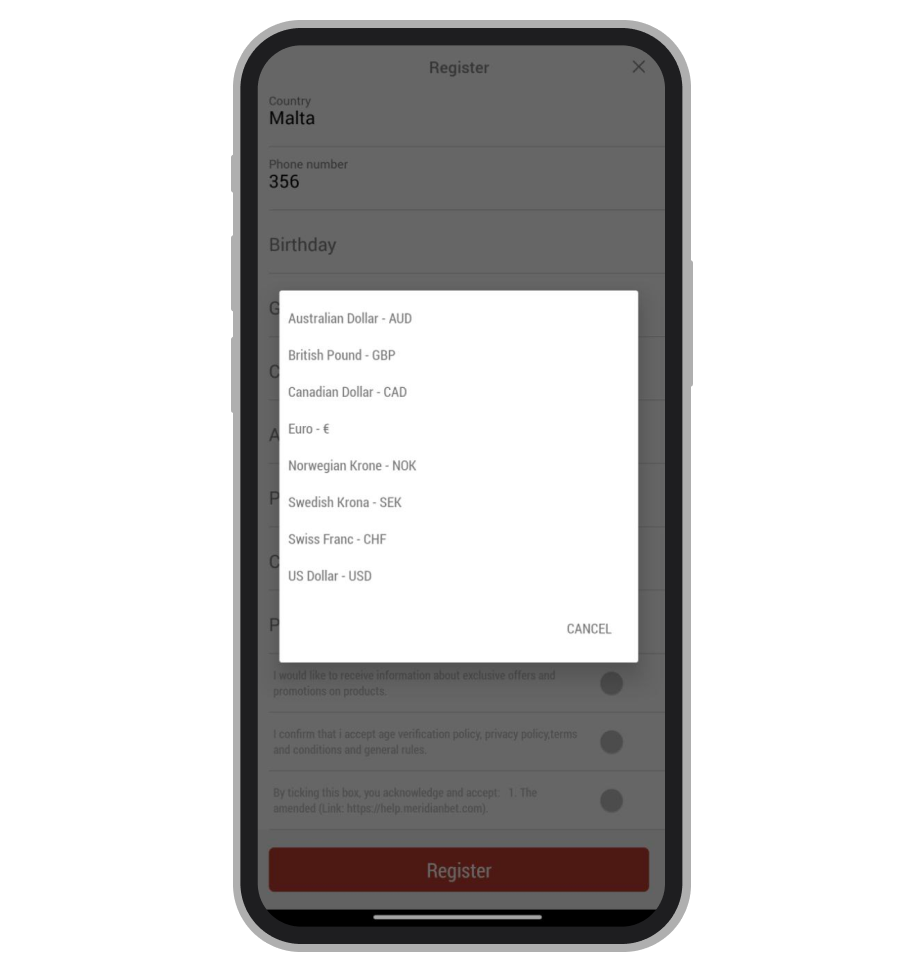 Выбор валюты счёта в Meridianbet
