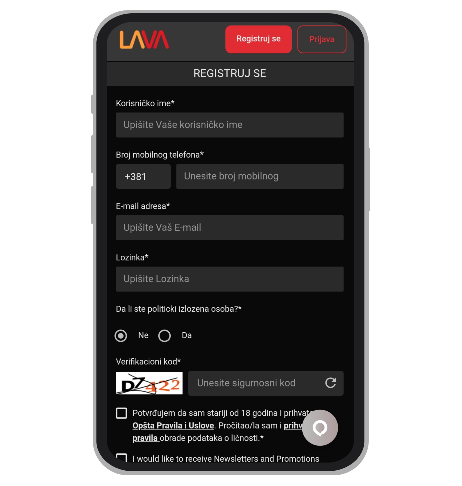 LavaBet formular za registraciju