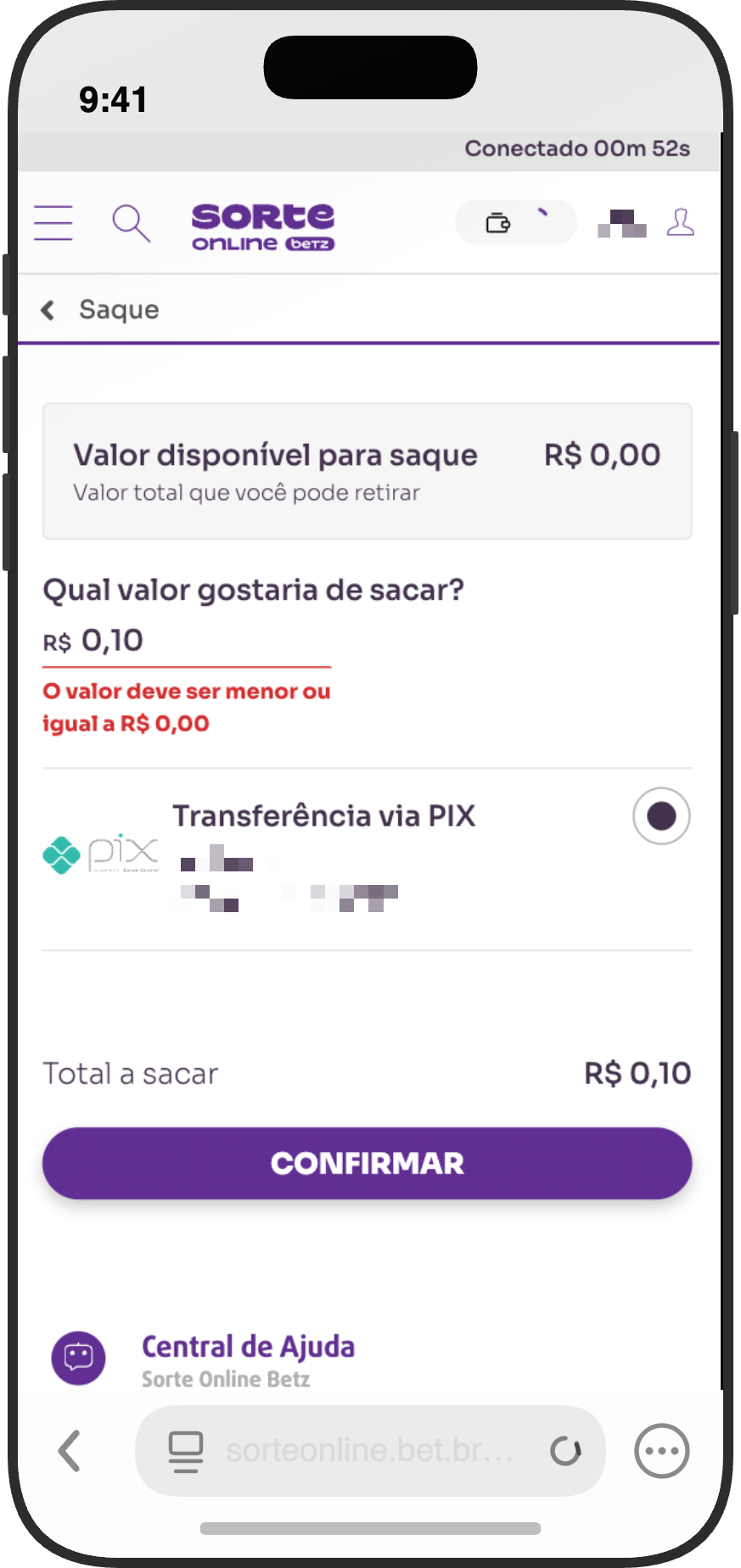 Tela de saque da Sorte Online via Pix pelo Nubank