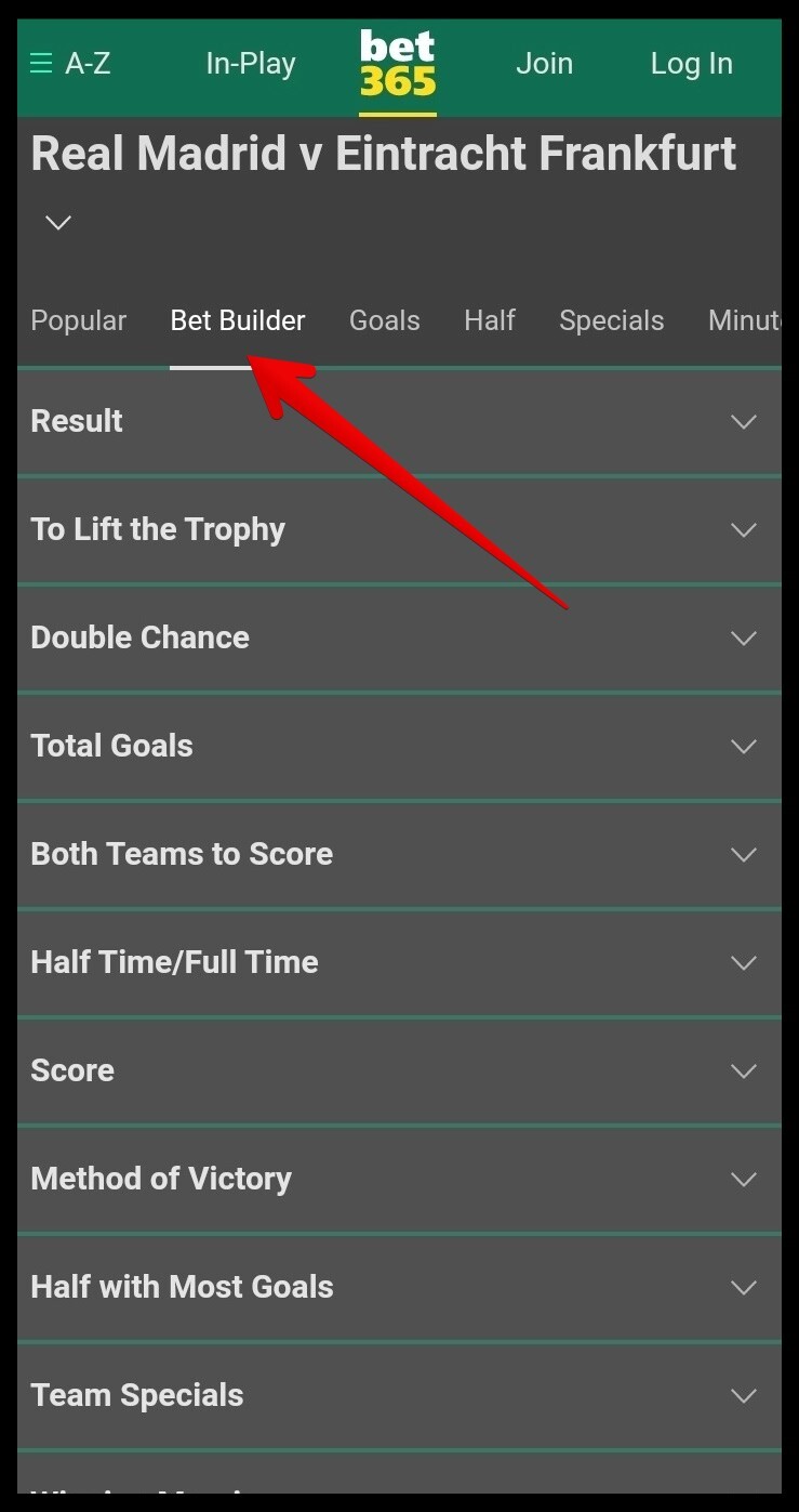 Selecting the markets in the football section of Bet Builder