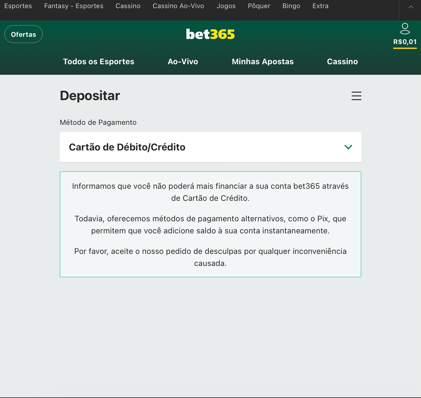 A Bet365 não aceita atualmente pagamentos com cartões até na modalidade debito