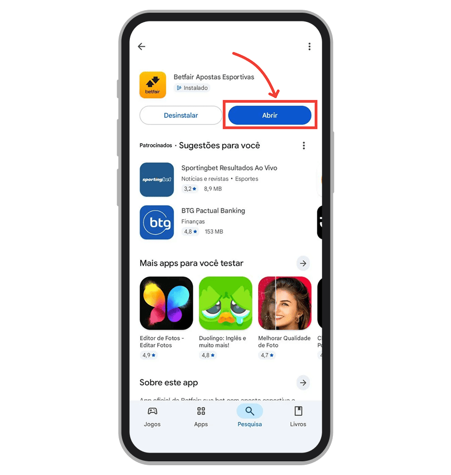 Clique no “Abrir” para acessar o app instalado