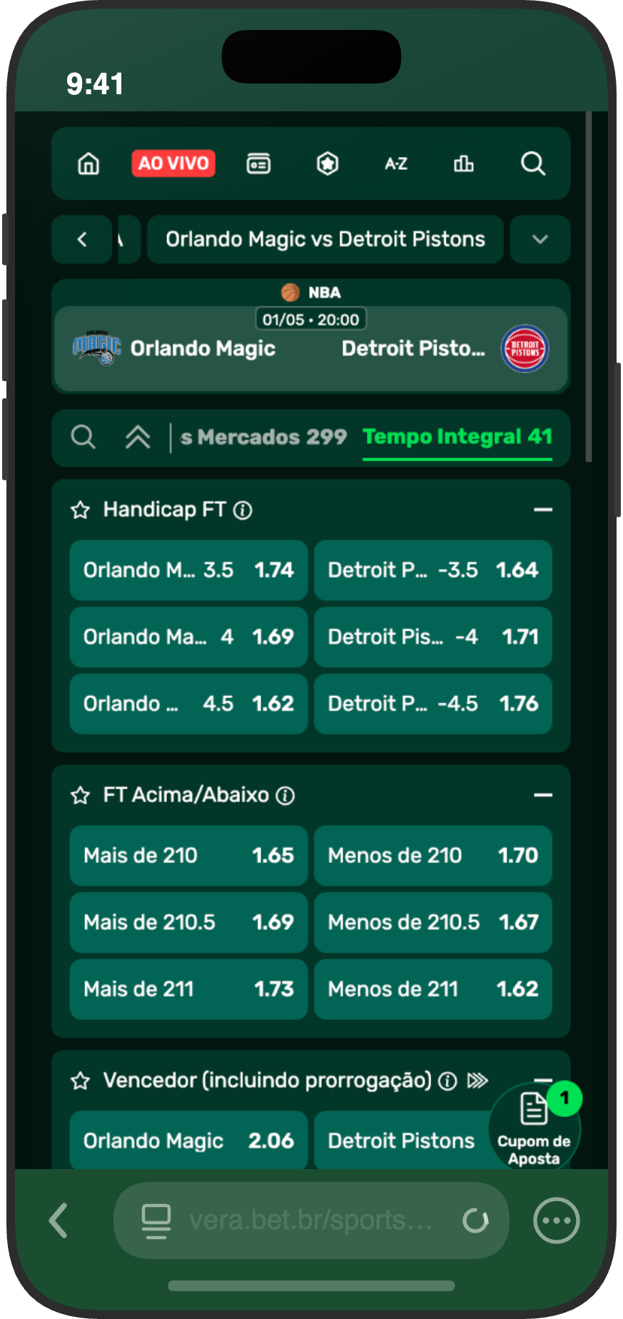 Mercados de apostas da NBA na Vera.bet: 299 opções para Orlando Magic vs Detroit Pistons
