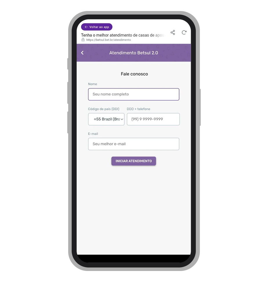 Preencha o formulário antes de acessar o chat com suporte da Betsul 