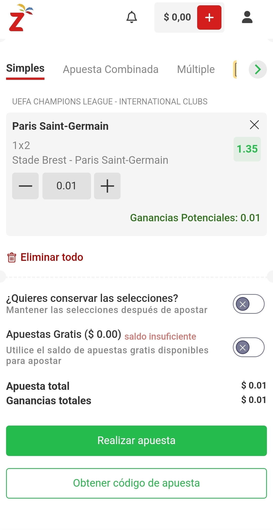 Tamaño de apuesta mínimo