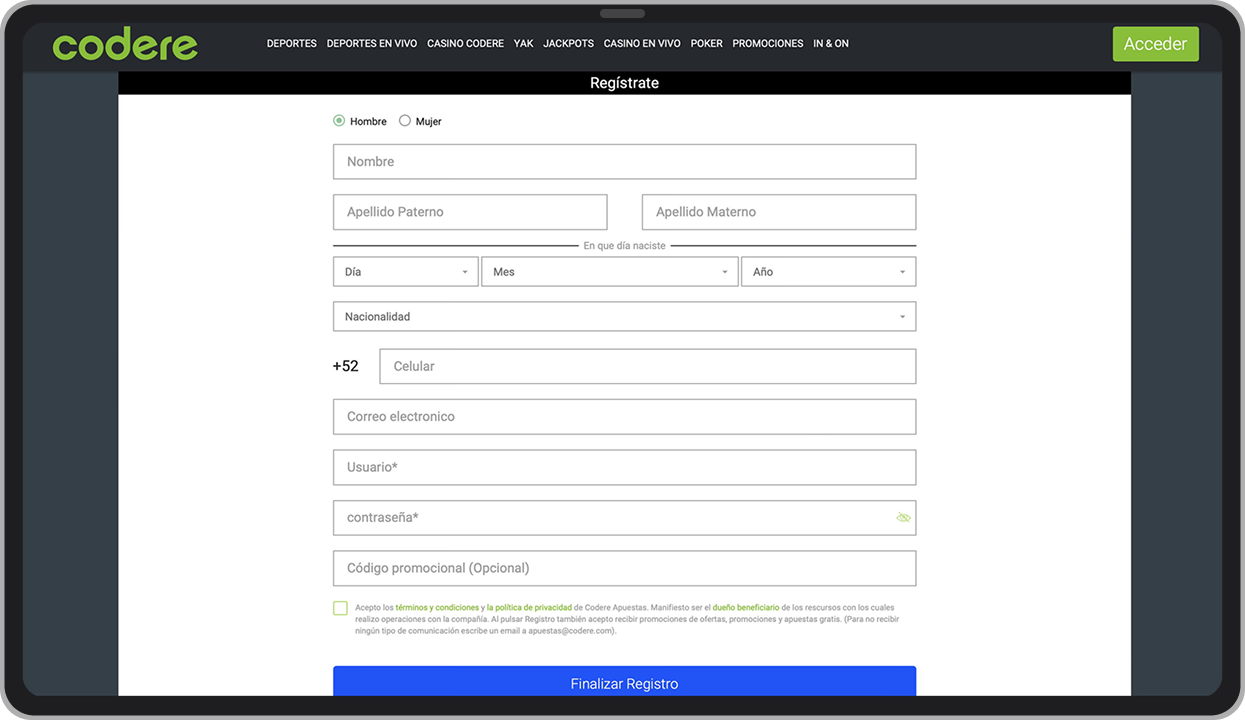 Ventana de registro desde una computadora