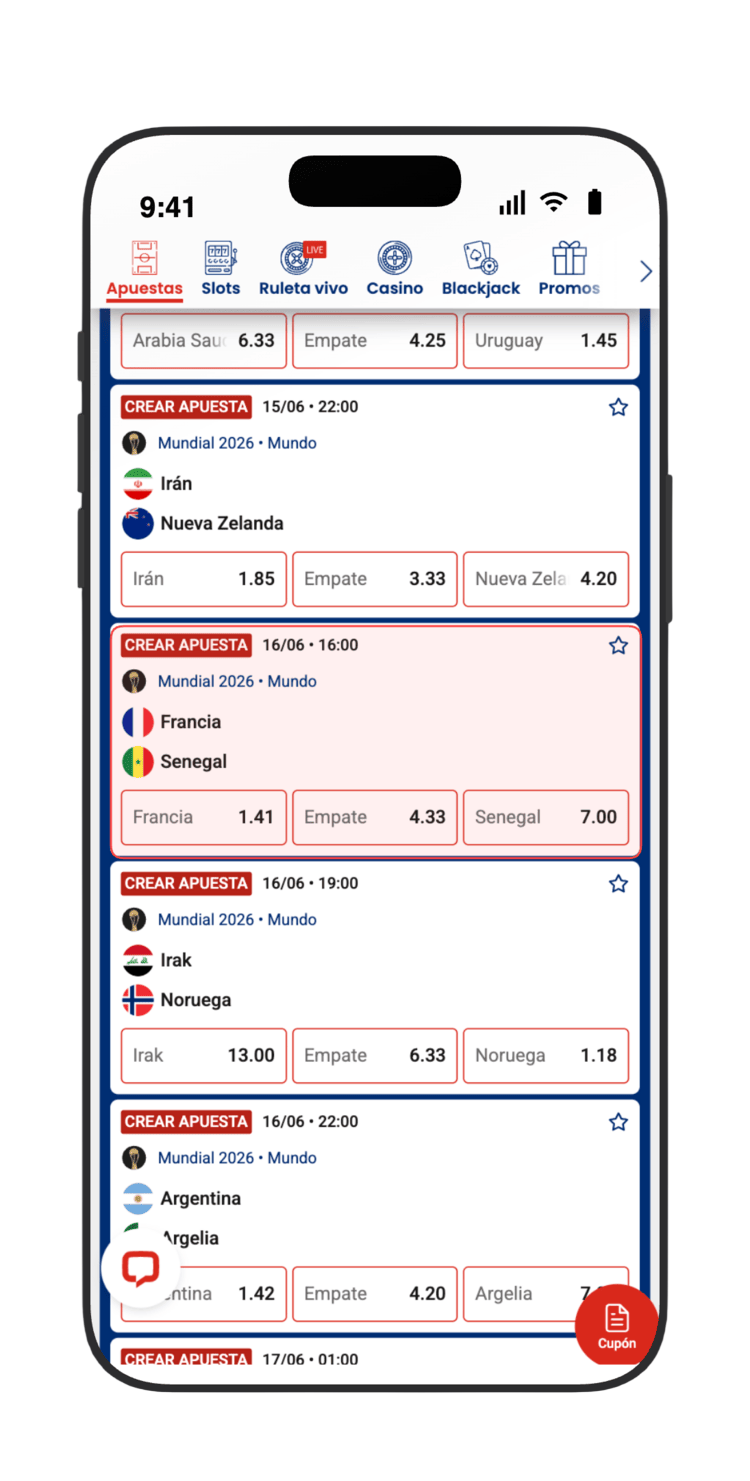 Localiza Francia vs Senegal (16/06) en la lista del Mundial 2026 en JOKERBET