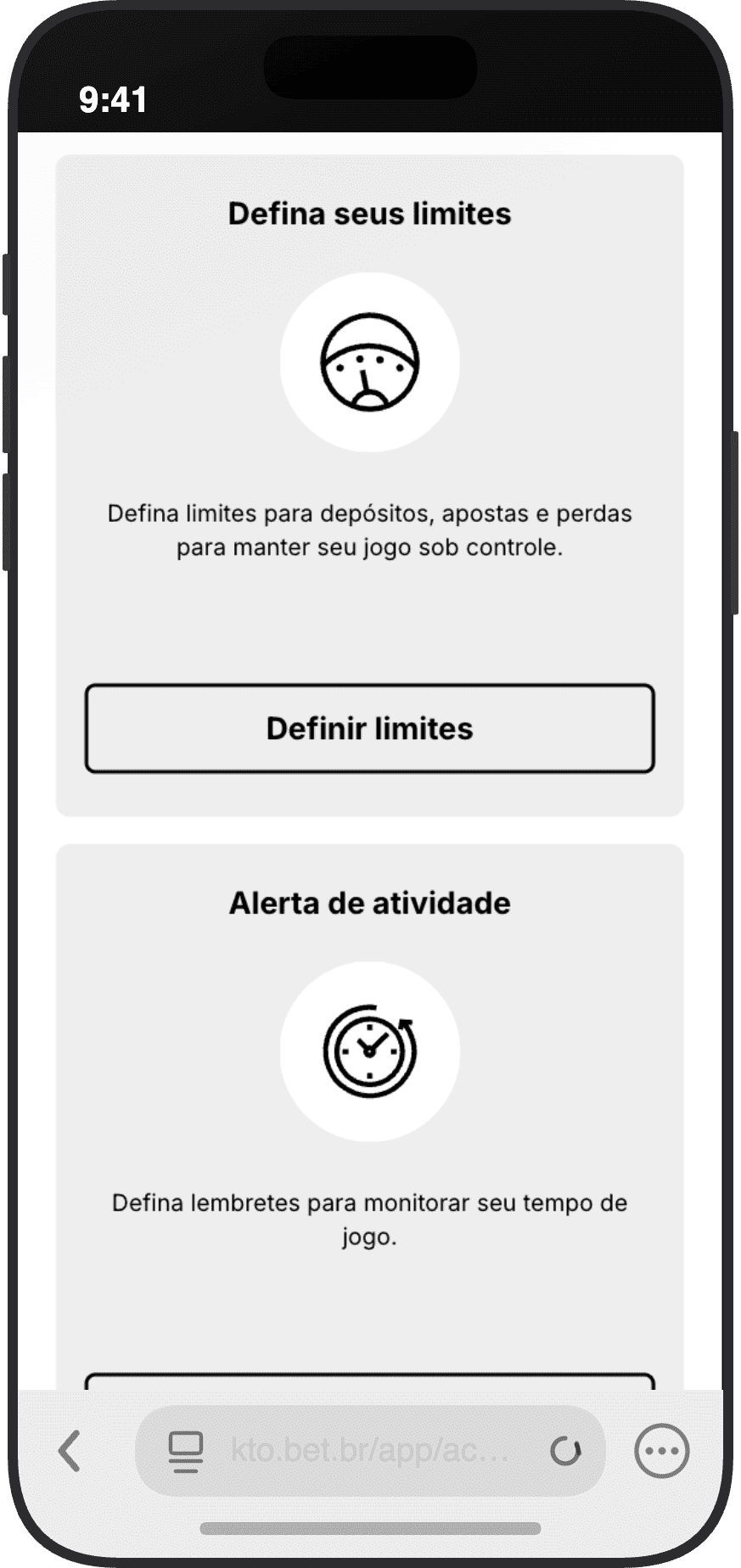 Ferramentas de autocontrole do KTO com opções de definir limites de depósito e alerta de atividade