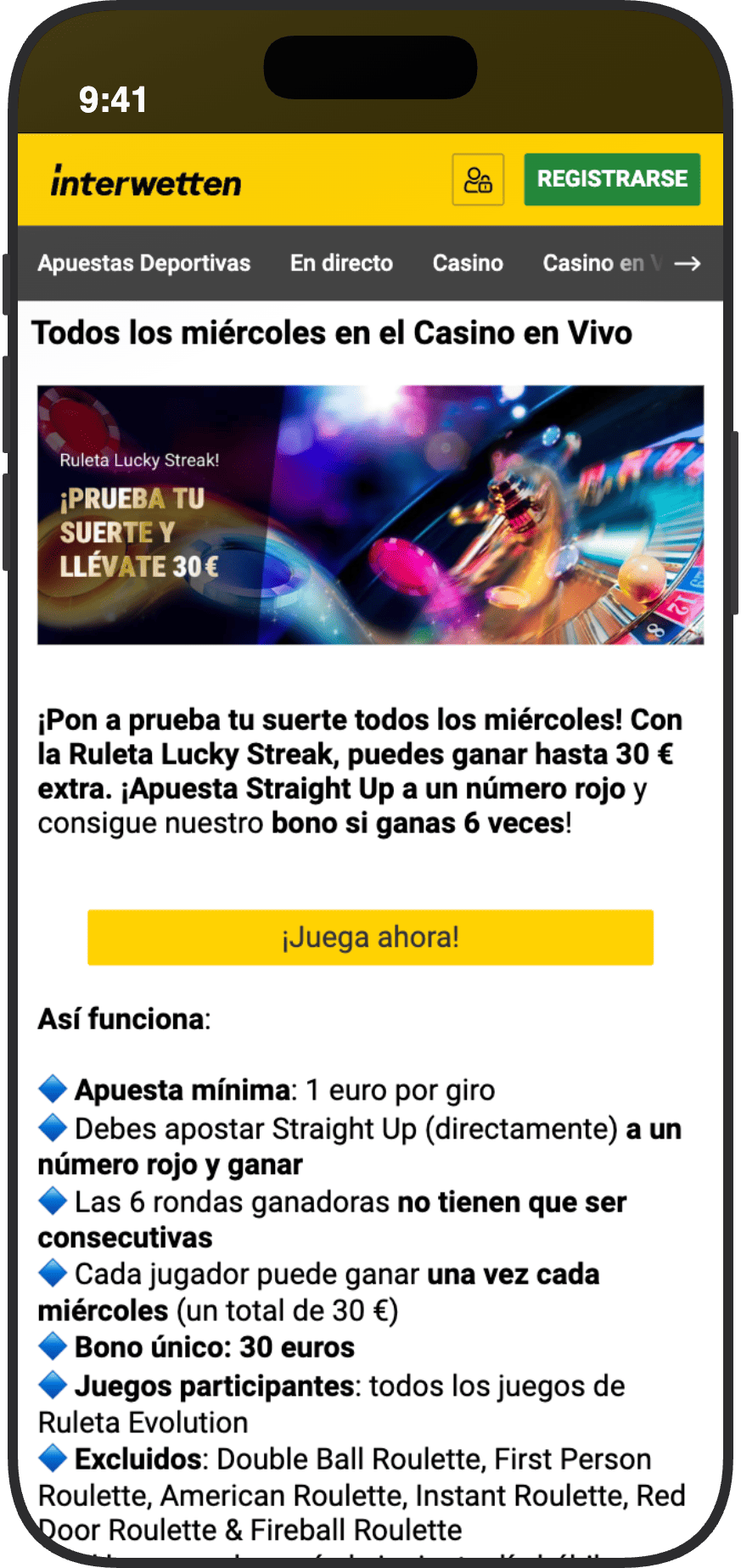 Promoción Ruleta Lucky Streak en Interwetten con bono de 30 euros todos los miércoles apostando Straight Up a números rojos en Ruleta Evolution