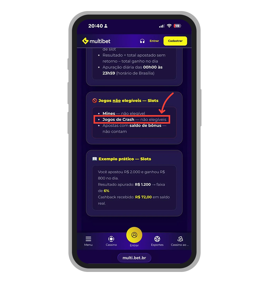 Termos da Multibet com exclusão de crash games do cashback diário de slots