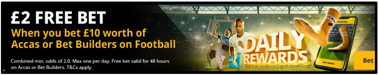 Existing Users: Acca and Bet Builder going Free bets promotion offer.