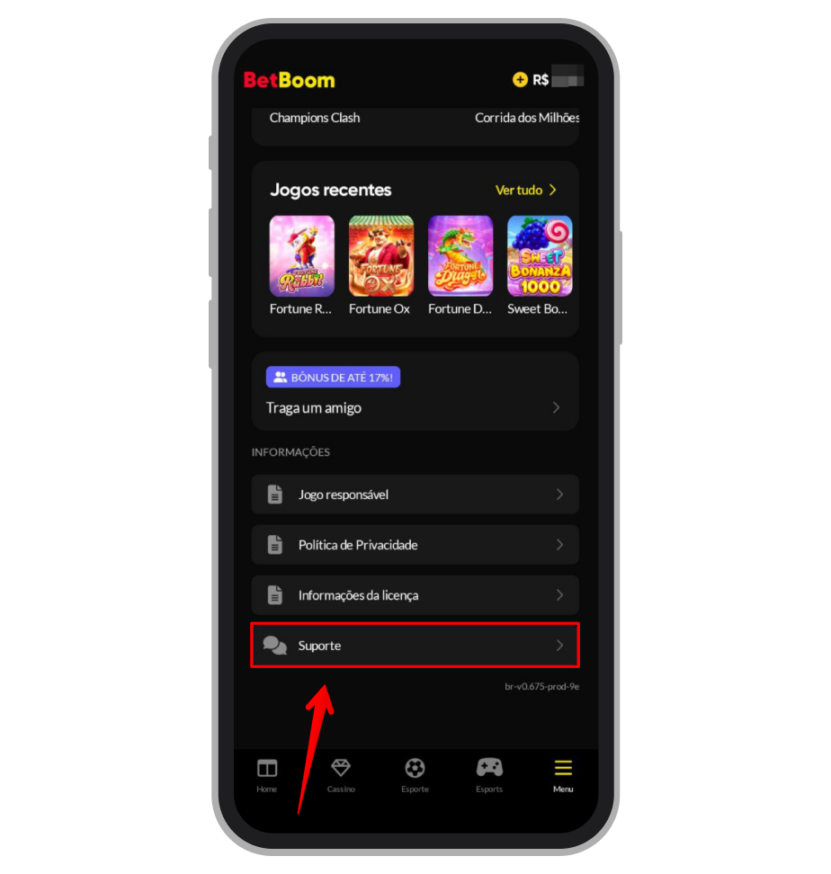 Role menu até o final e selecione a opção “Suporte”