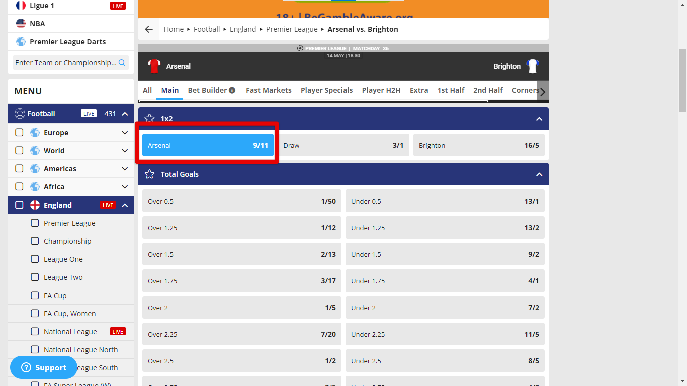 A view of the standard betting page at SportPesa