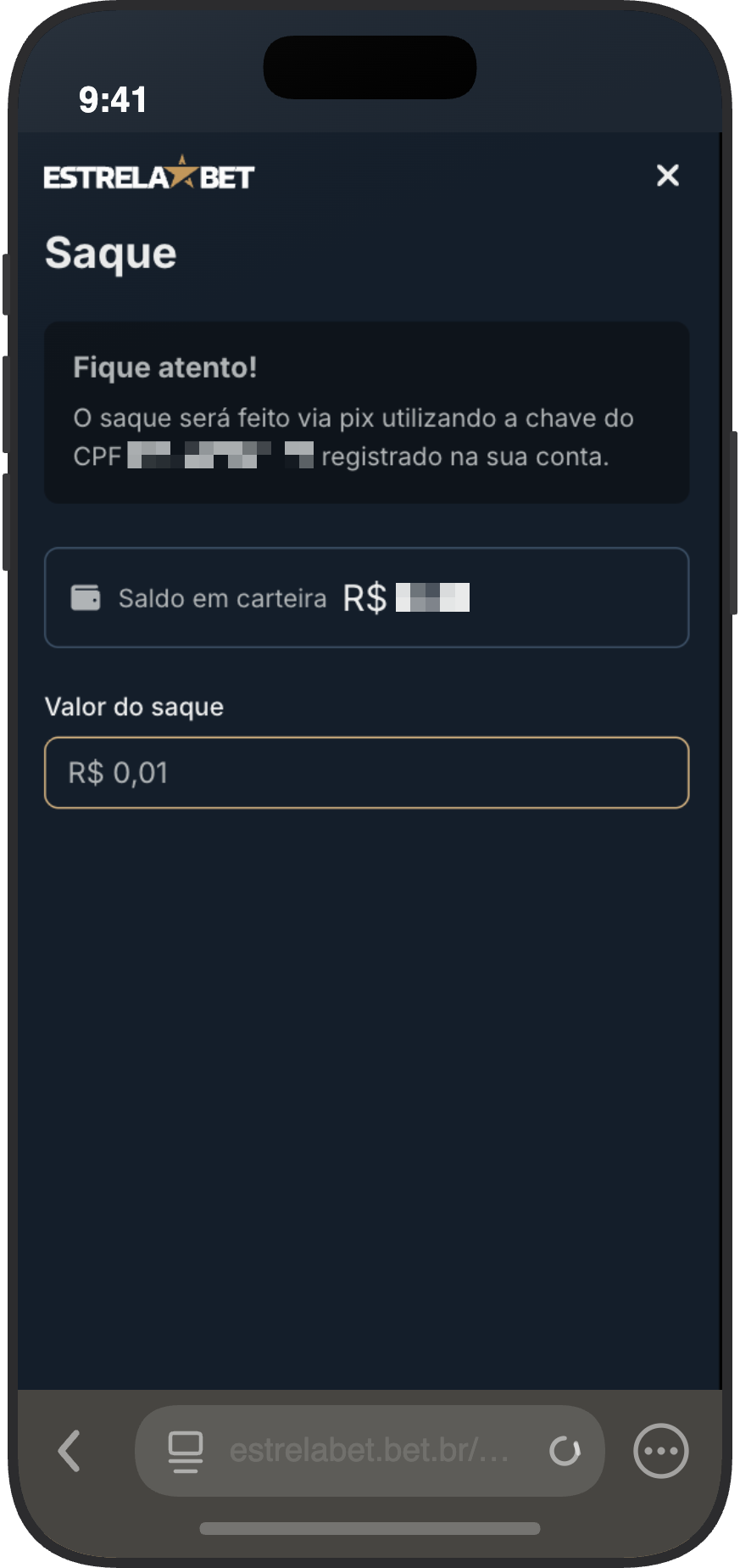 Tela de saque via Pix na EstrelaBet com saldo em carteira e campo de valor