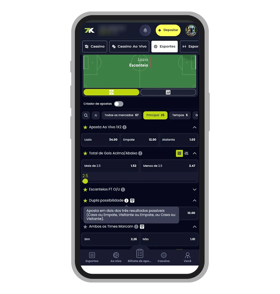 Explicação de mercados de apostas no aplicativo da Bet7K