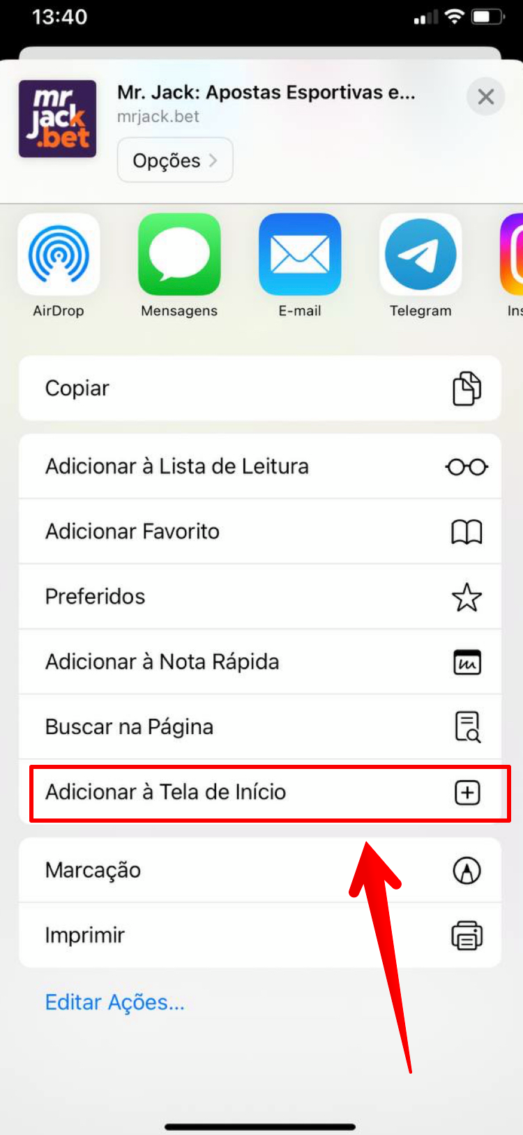 Opte por adicionar atalho da MrJack.bet na tela