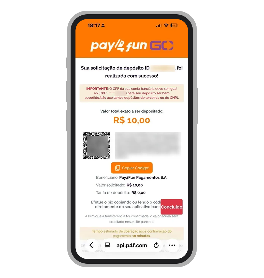 Finalize o depósito no 1xBet usando Pix via Pay4Fun com QR Code ou Copia e Cola