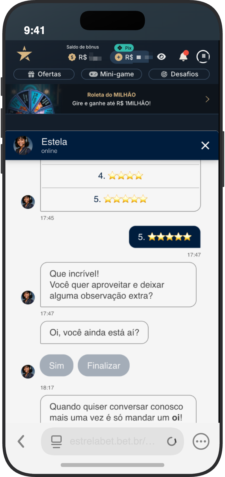 Chat ao vivo da EstrelaBet com o bot Estela na central de ajuda