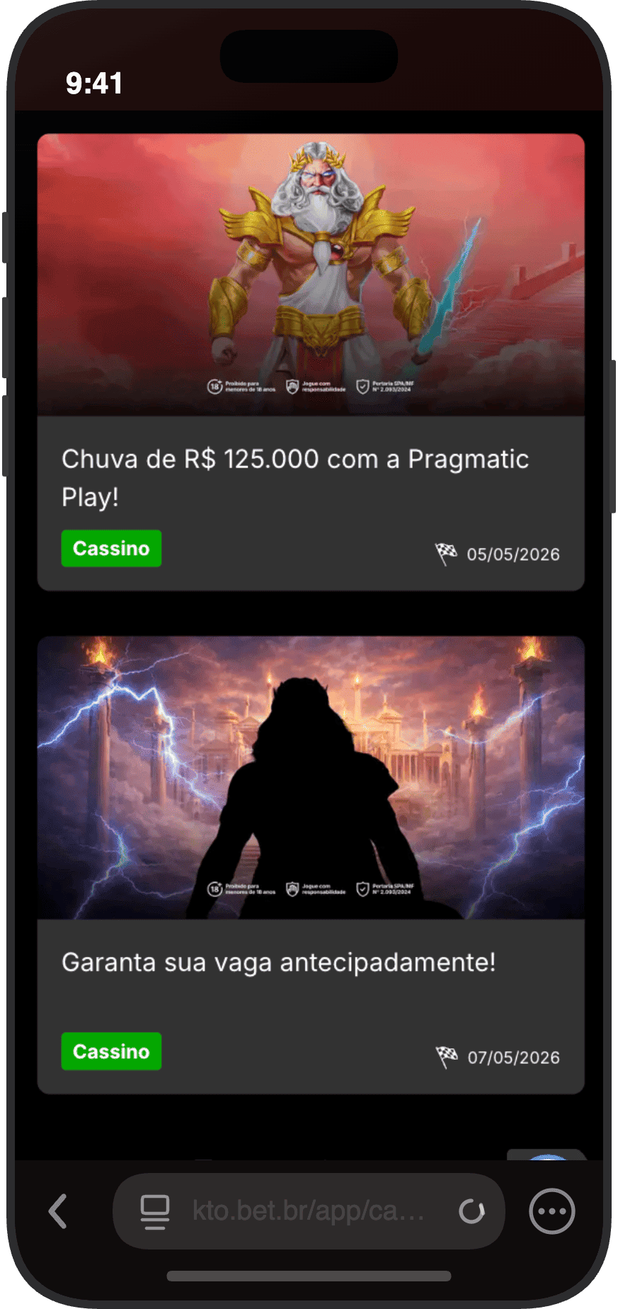 Promoções de cassino do KTO com torneio Pragmatic Play de R$ 125.000 e evento de maio de 2026