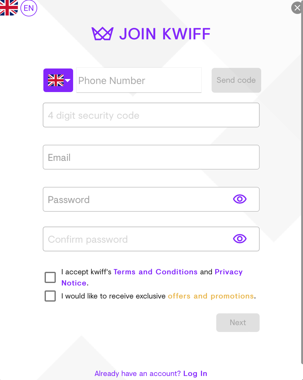 Kwiff registration page