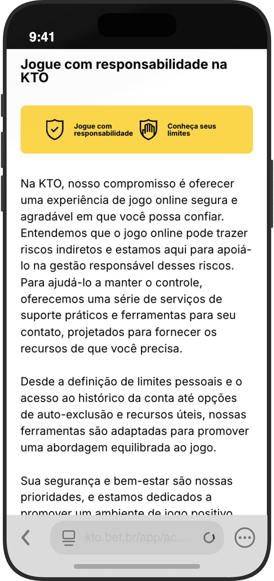 Página de jogo responsável do KTO com informações sobre limites pessoais e autoexclusão