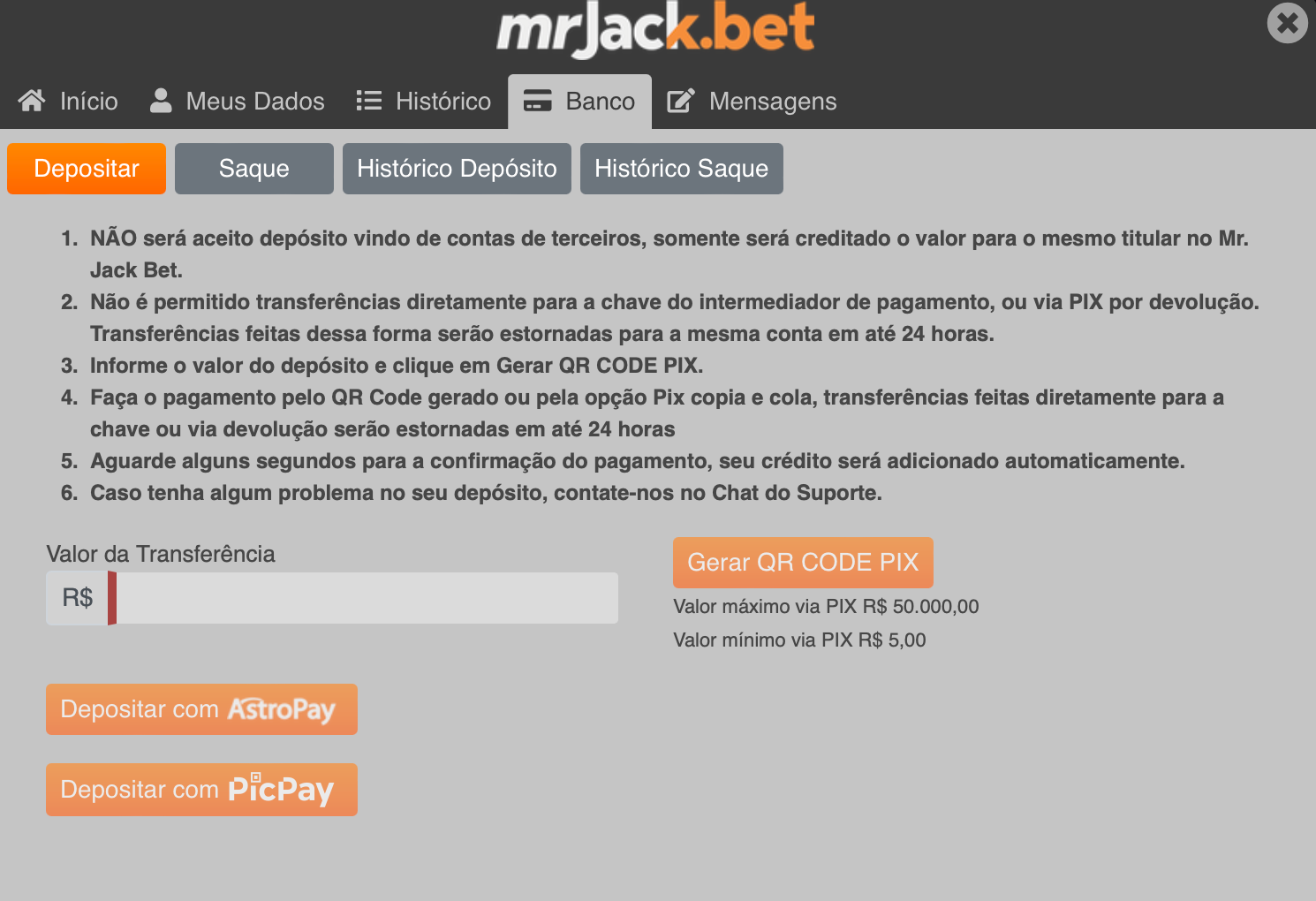 MrJack.bet é uma das casas de apostas que aceitam depósitos mínimos a partir de R$1. 
