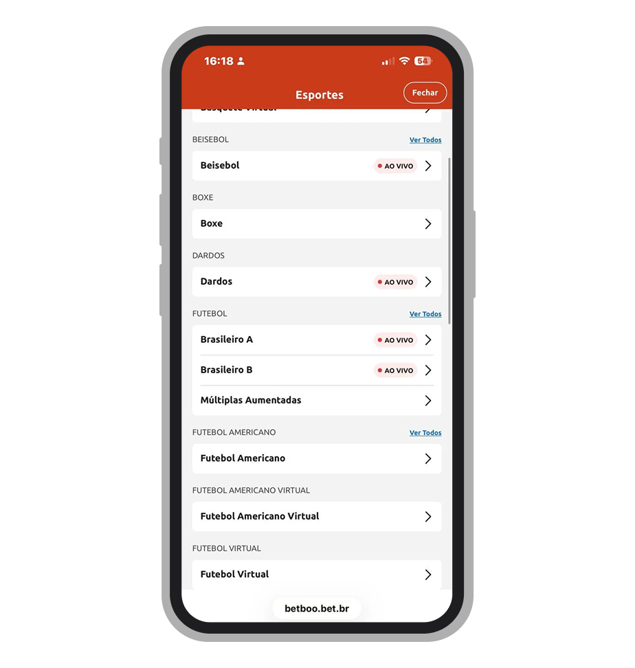 Menu de esportes da Betboo mobile com Beisebol, Boxe, Dardos, Futebol e Futebol Americano ao vivo