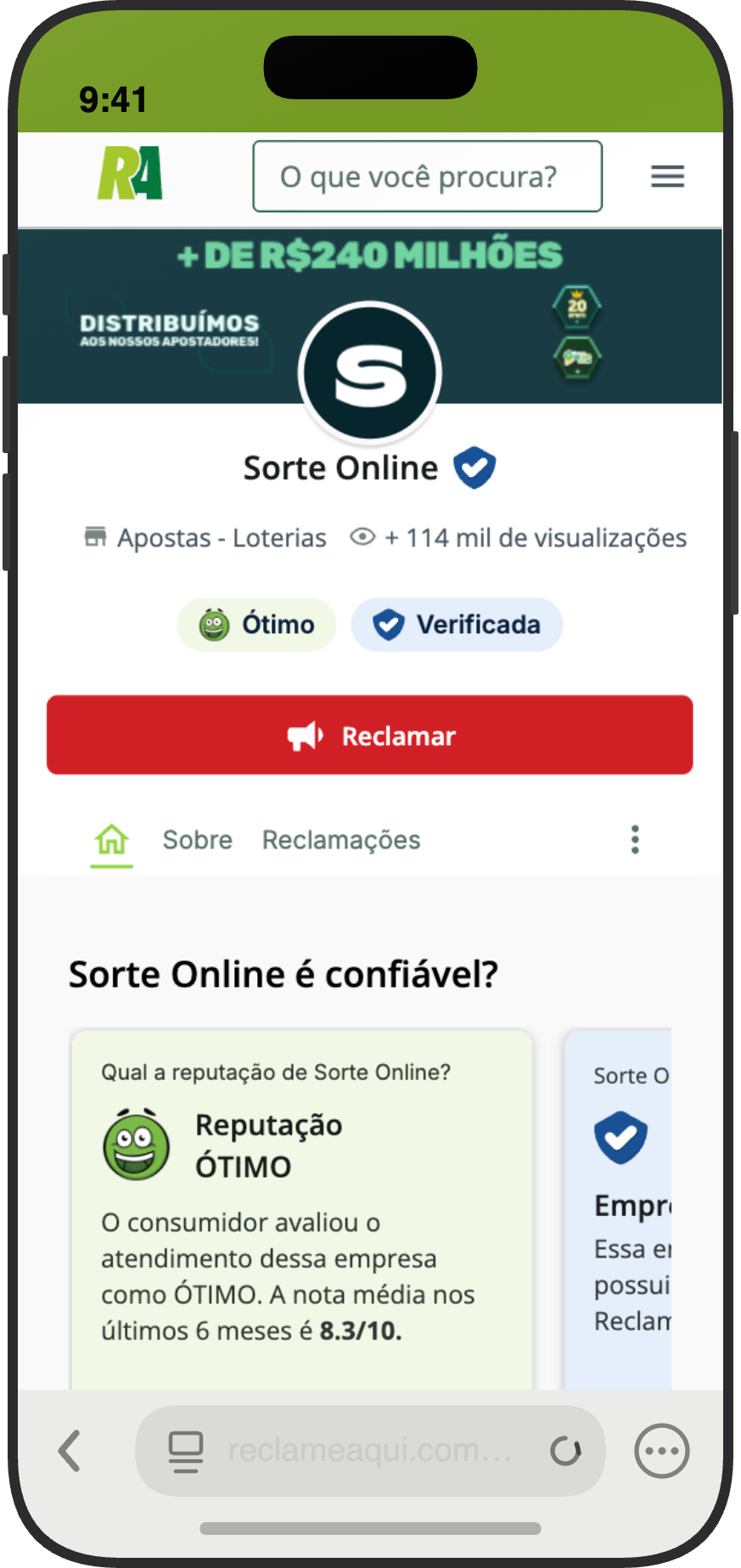 Página da Sorte Online no Reclame Aqui com reputação Ótimo, nota 8,3 de 10 