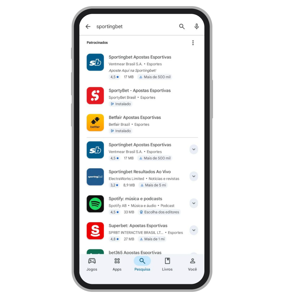 Digite Sportingbet na barra de busca