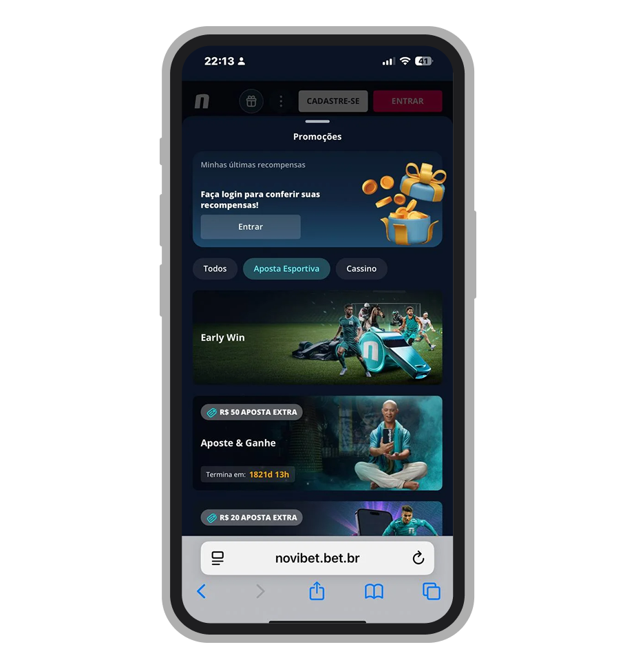 A seção das promoções no site móvel da Novibet