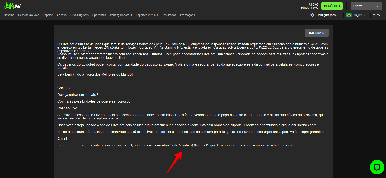 E-mail da Luva Bet