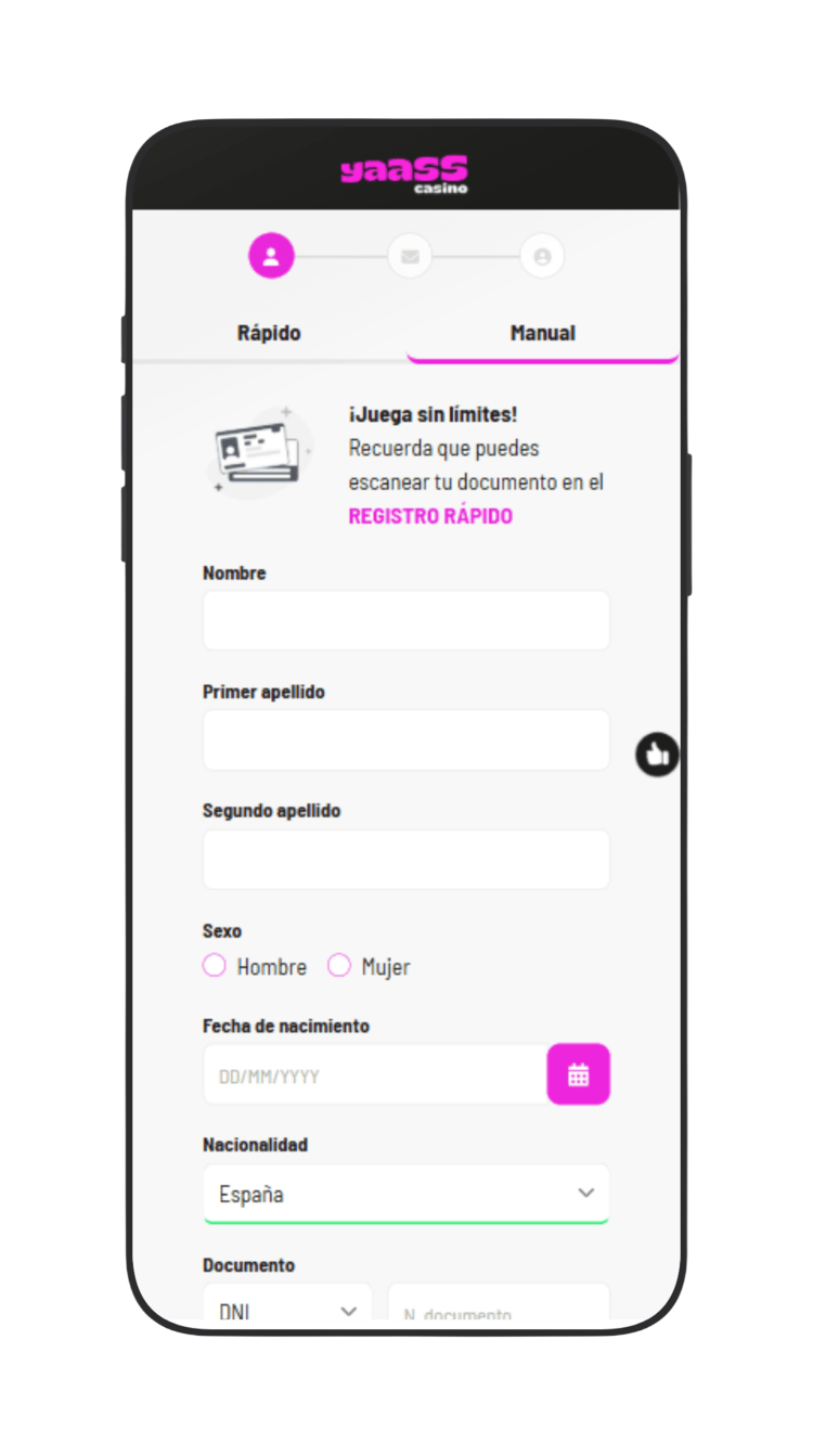 Formulario de registro en Yaass Casino 