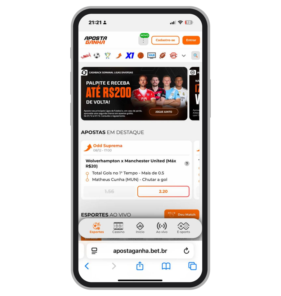 Site mobile da Aposta Ganha