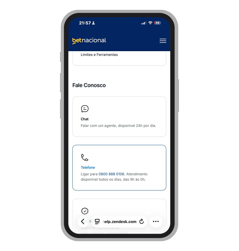 Página oficial Betnacional com número de telefone 0800 888 0106 e horário de atendimento