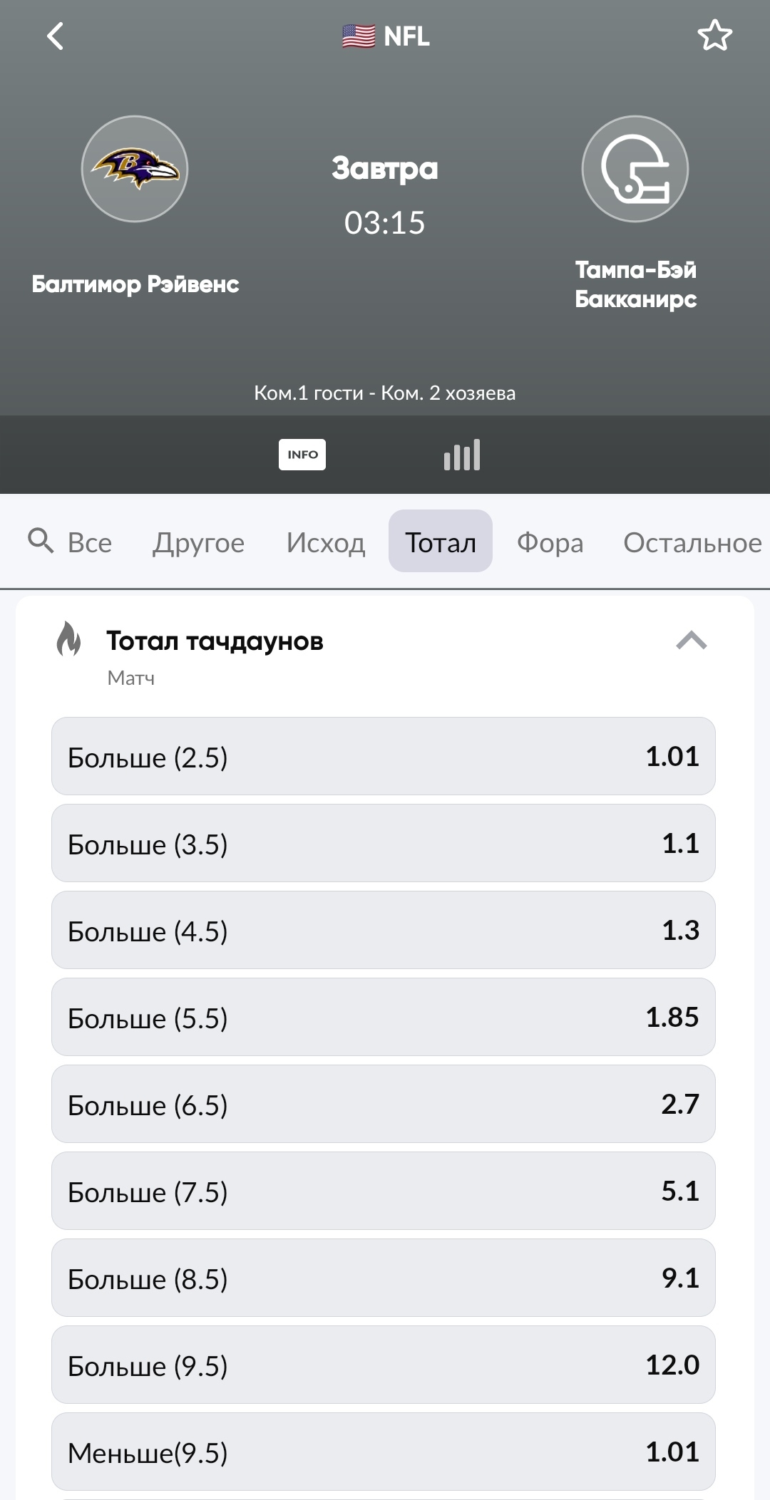 Роспись на тотал тачдаунов в матче НФЛ