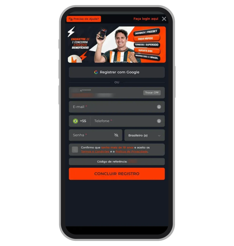 Formulário de cadastro no aplicativo Esportiva.bet