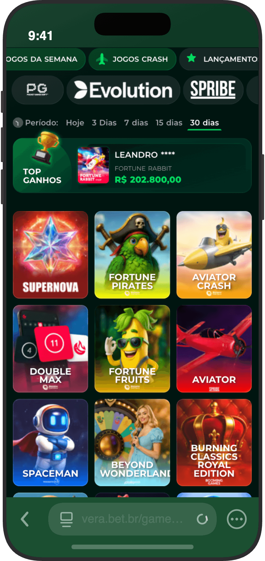 Seção de jogos crash da Vera.bet com Aviator e Spaceman