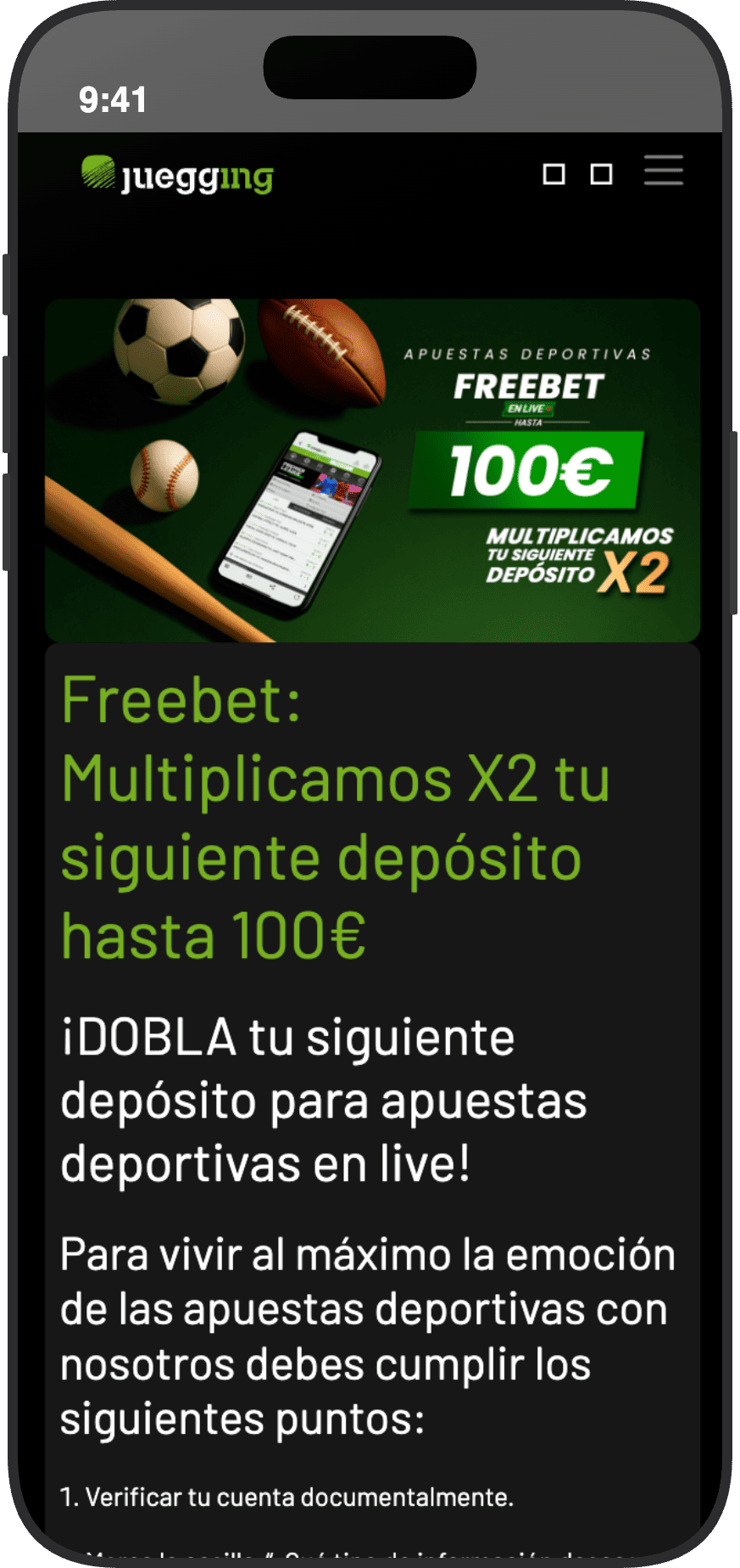 Freebet de Juegging para apuestas deportivas en vivo con depósito duplicado hasta 100 euros