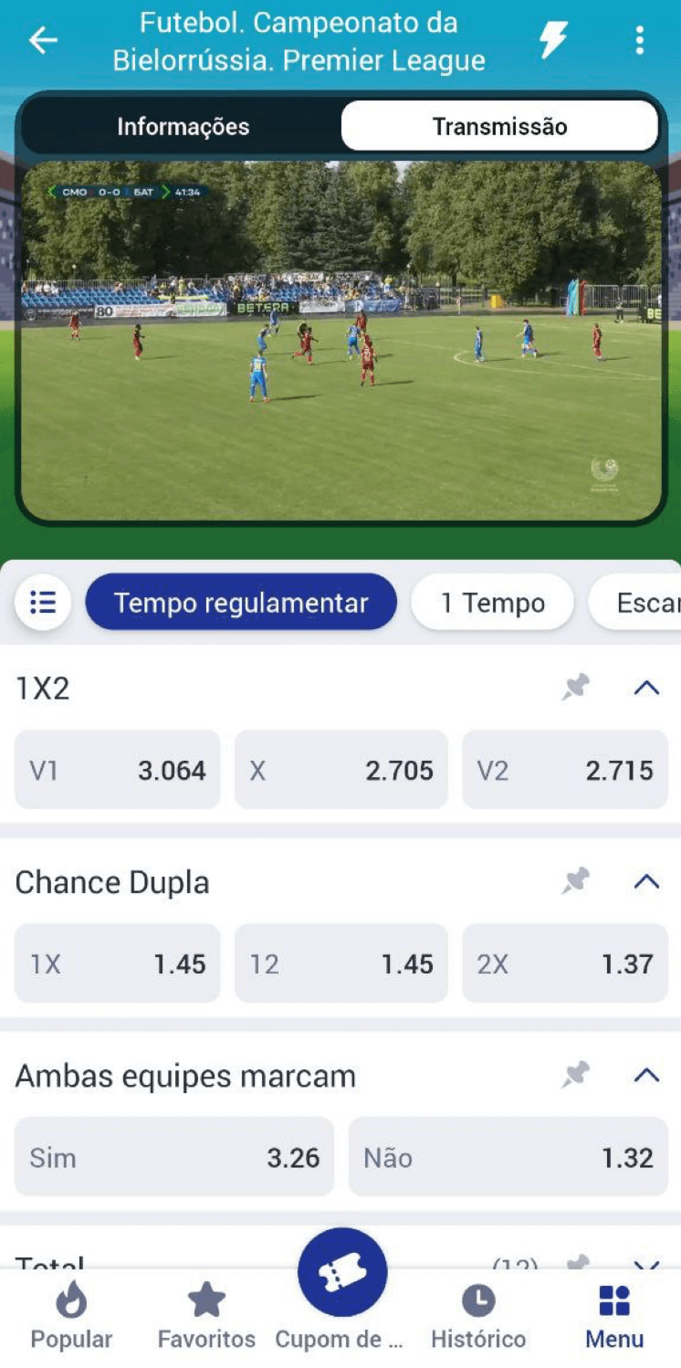 Transmissão de futebol no app